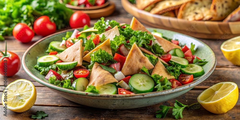 Fattoush Salad with Crispy Pita Bread, Cucumber, Tomatoes, and Lemon, Middle Eastern Cuisine, Arabic Salad, Healthy Salad Fattoush Salad with Crispy Pita Bread, Cucumber, Tomatoes, and Lemon, Middle Eastern Cuisine, Arabic Salad, Healthy Salad