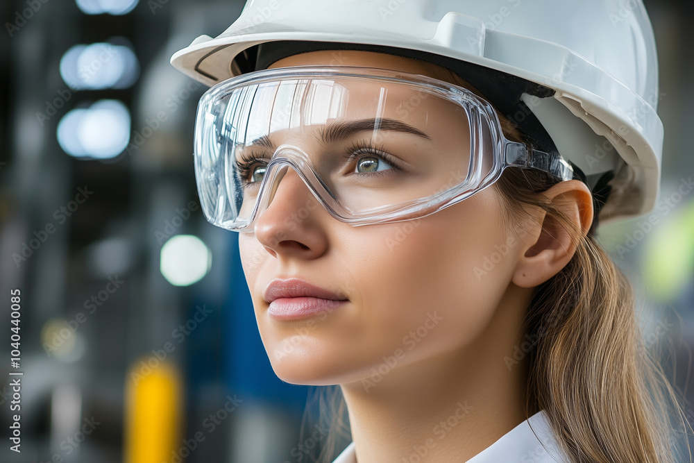 Close-up of a petroleum engineer in protective gear at an industrial site Close-up of a petroleum engineer in protective gear at an industrial site