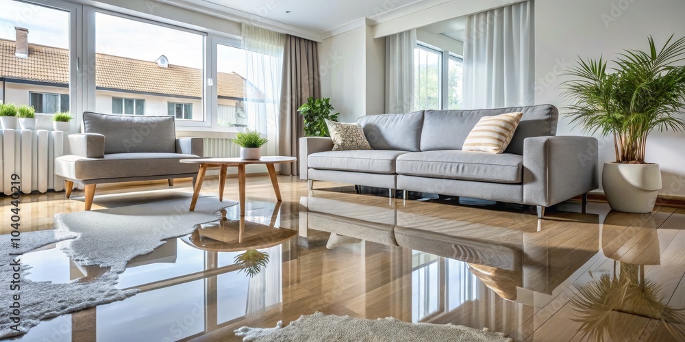 Flooded Living Room with Sofa, Coffee Table and Plant, Reflection in Water, Interior Design, Water Damage, Flooded Floor ,water damage Flooded Living Room with Sofa, Coffee Table and Plant, Reflection in Water, Interior Design, Water Damage, Flooded Floor ,water damage