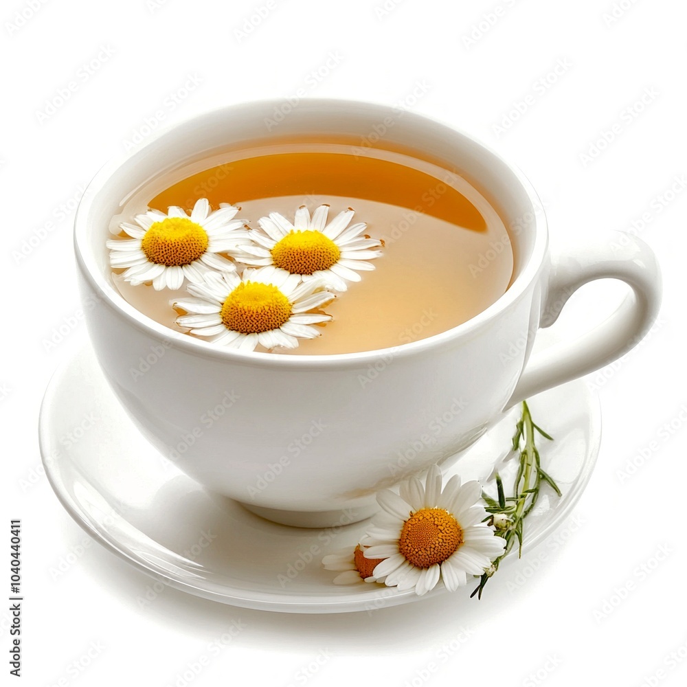 A tranquil cup of herbal tea with floating daisies invites relaxation. This image captures a serene moment in a simple white cup. Ideal for wellness and nature themes. AI A tranquil cup of herbal tea with floating daisies invites relaxation. This image captures a serene moment in a simple white cup. Ideal for wellness and nature themes. AI