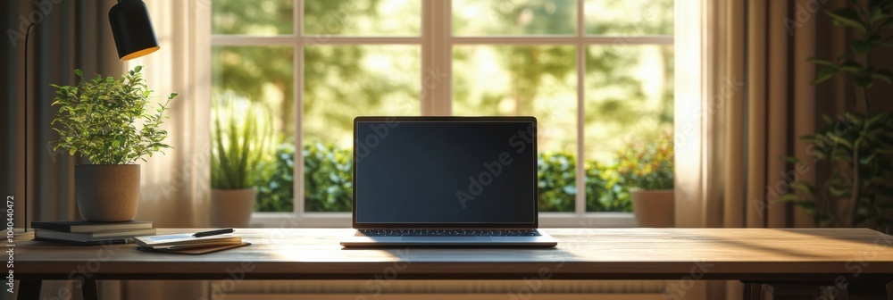 Fototapeta premium A laptop rests on a wooden desk in a serene workspace, illuminated by soft morning light filtering through the window, surrounded by greenery. Generative AI