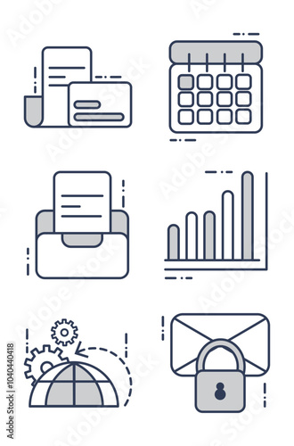 Set of office work vector icons in black lines on a white background