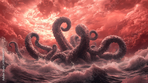 Thunderous kraken tentacles rising from the sea, against a backdrop of a stormy red sky with ash-filled clouds. Kraken in the Deep. Illustration photo