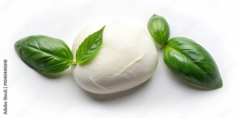 Obraz premium Fresh Mozzarella with Basil Leaves, White Background, Italian Cheese, Dairy Product, Culinary Delight, mozzarella, basil