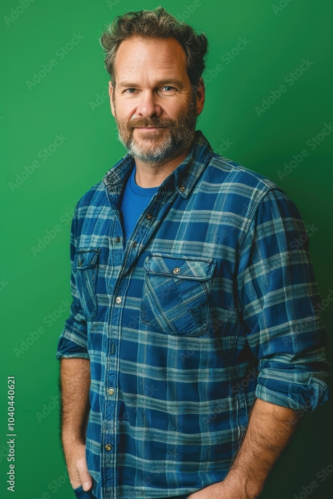 Casual Confidence: Mature Man in Blue Flannel Against Vibrant Green Background for Relaxed Themes Casual Confidence: Mature Man in Blue Flannel Against Vibrant Green Background for Relaxed Themes