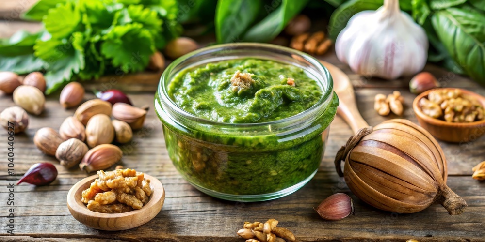 Fresh Homemade Pesto with Nuts and Garlic, Pesto, Basil, Garlic Fresh Homemade Pesto with Nuts and Garlic, Pesto, Basil, Garlic