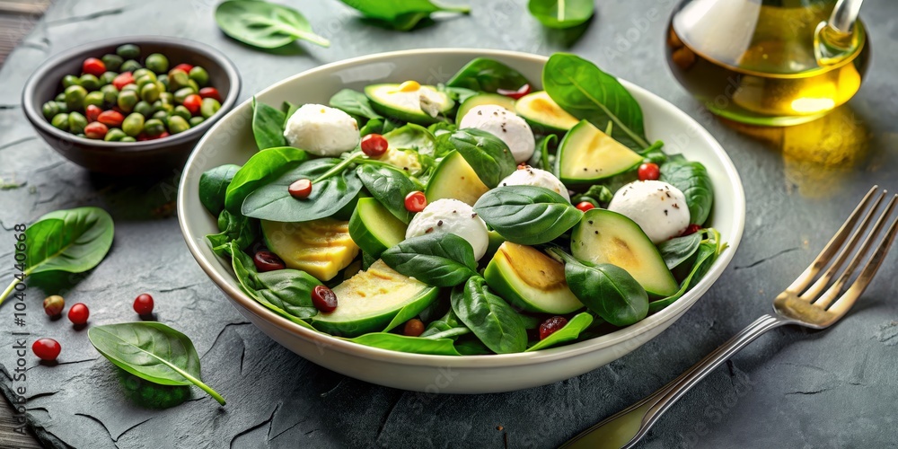 Fototapeta premium Fresh Green Salad with Mozzarella and Avocado, White Bowl, Stone Background, Food Photography, Salad Recipe, Healthy Eating, Green