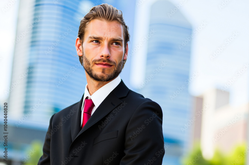Businessman looking to the future of business in front of city skyline Businessman looking to the future of business in front of city skyline