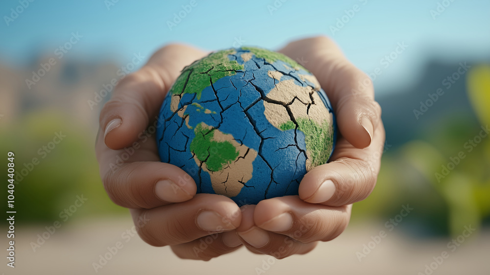 Hands cradle a crumbling Earth symbolizing environmental concerns and urgency