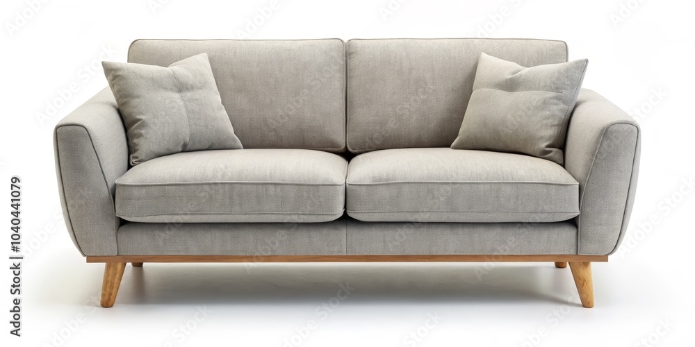 Fototapeta premium Front View of a Grey Two-Seater Sofa with Wooden Legs, Cushions, Modern Furniture, Living Room, Interior Design. Sofa, living room, home decor