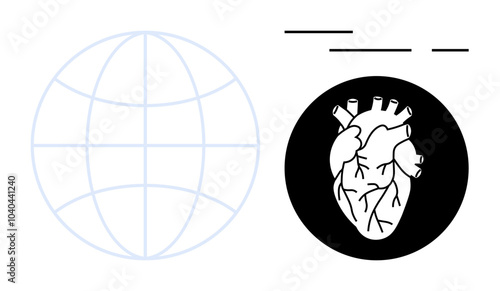 Globe with anatomical heart in a black circle and bar lines. Ideal for global health, medical research, cardiology, anatomy education, and healthcare awareness. Minimalist flat design