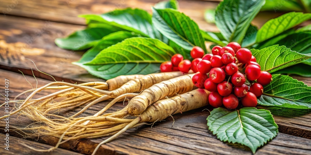 Ginseng Roots, Red Berries, and Green Leaves on Wooden Background, herbal, medicine, natural Ginseng Roots, Red Berries, and Green Leaves on Wooden Background, herbal, medicine, natural