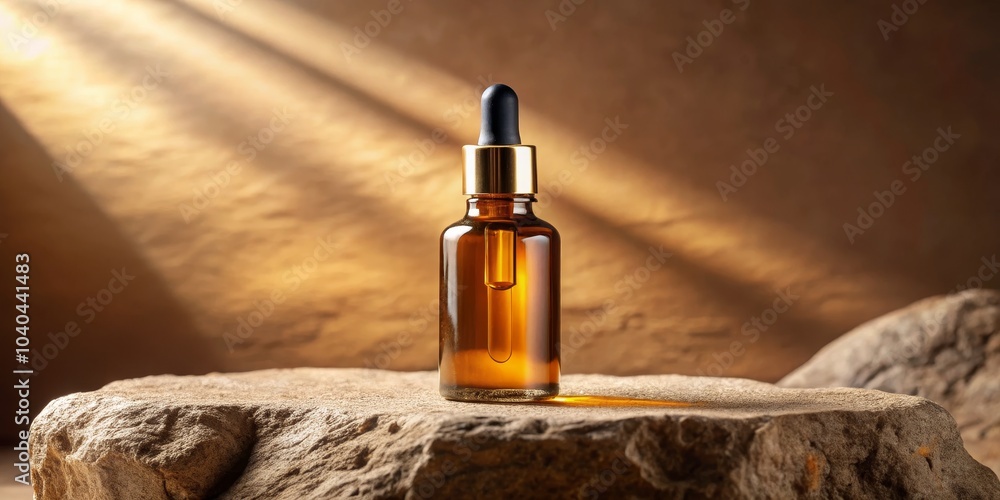 Fototapeta premium Golden Dropper Bottle on Rock with Sunlight, product photography, dropper bottle, skincare, beauty product,