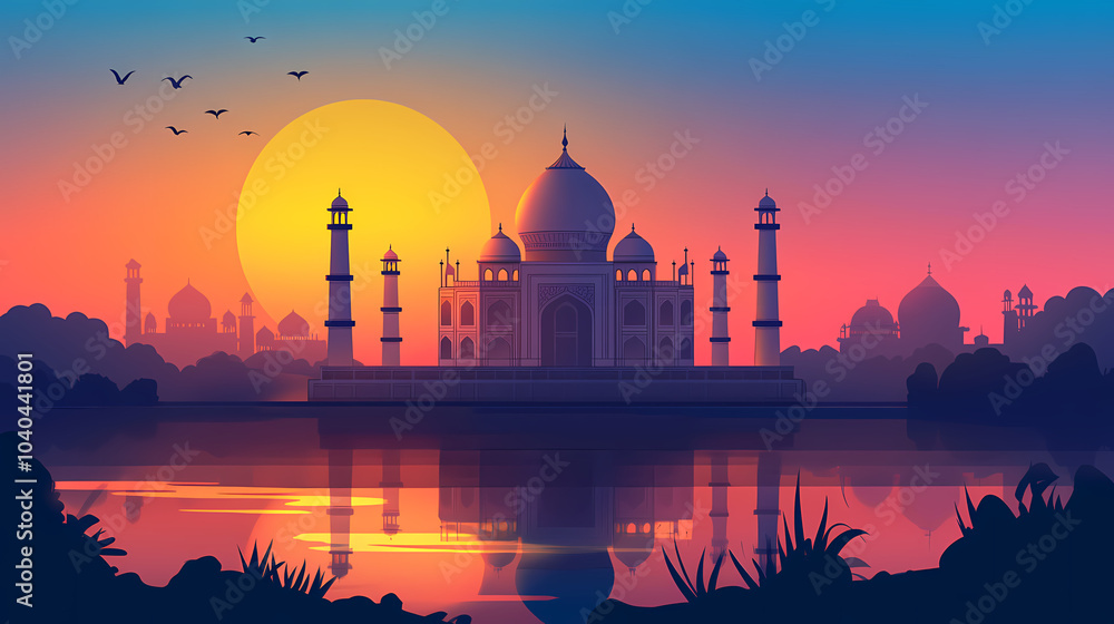 Naklejka premium Taj mahal in agra country. Taj Mahal at Sunrise. Illustration