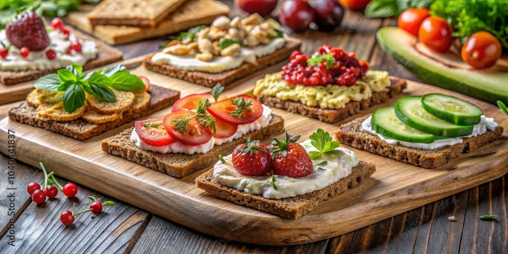 Gourmet Rye Bread Toasts with Fresh Toppings, Cream Cheese, Cucumber, Tomato, Strawberry and Basil, Rye Bread, Food Photography Gourmet Rye Bread Toasts with Fresh Toppings, Cream Cheese, Cucumber, Tomato, Strawberry and Basil, Rye Bread, Food Photography