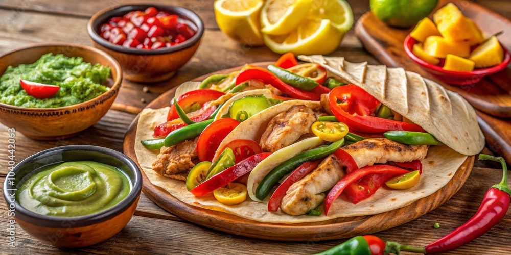 Grilled Chicken Fajita Taco with Guacamole and Salsa, Mexican, Cuisine, Food Grilled Chicken Fajita Taco with Guacamole and Salsa, Mexican, Cuisine, Food