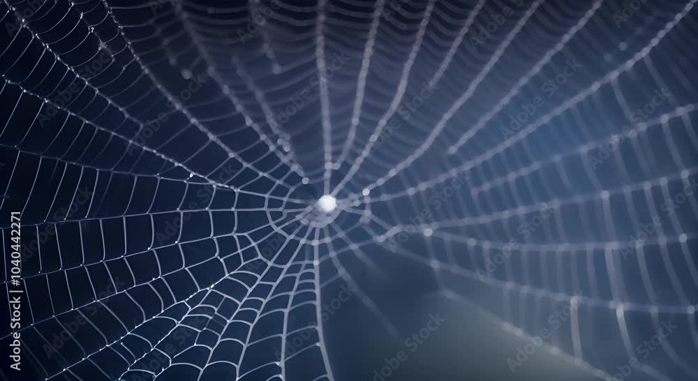 Creepy white spider web of wild spider with little spider in center and tiny drops of water shining in light on dark blue background Scary cobweb for Halloween