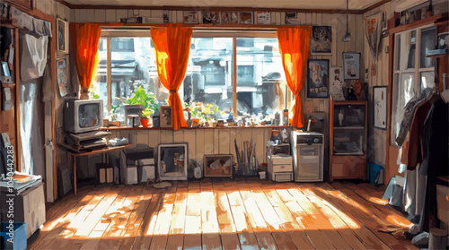 Sunlight illuminating a cozy apartment living room with hardwood floors and orange curtains