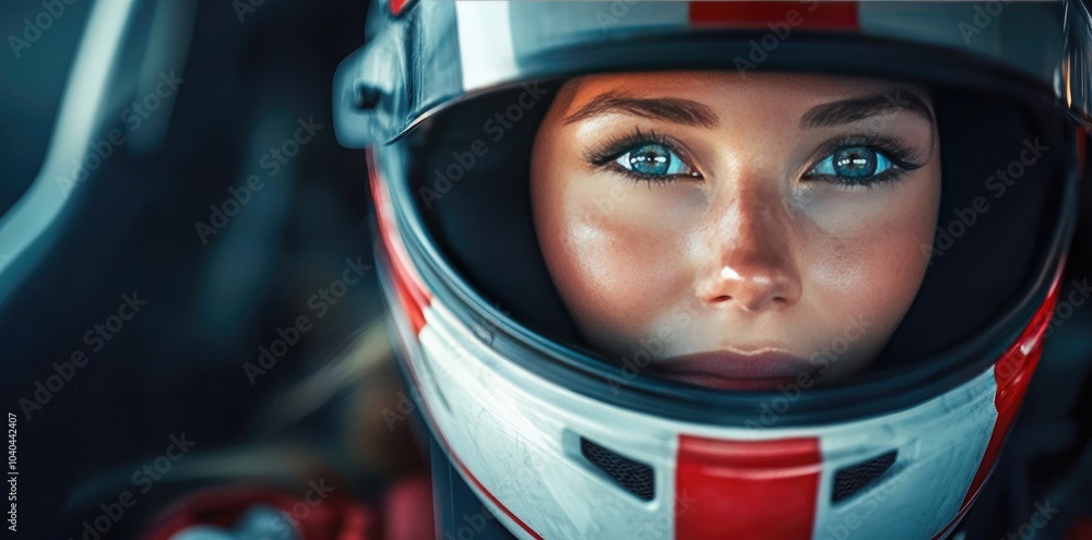Close-Up Portrait of Female F-20 Race Car Driver in Helmet with Focused Expression Close-Up Portrait of Female F-20 Race Car Driver in Helmet with Focused Expression