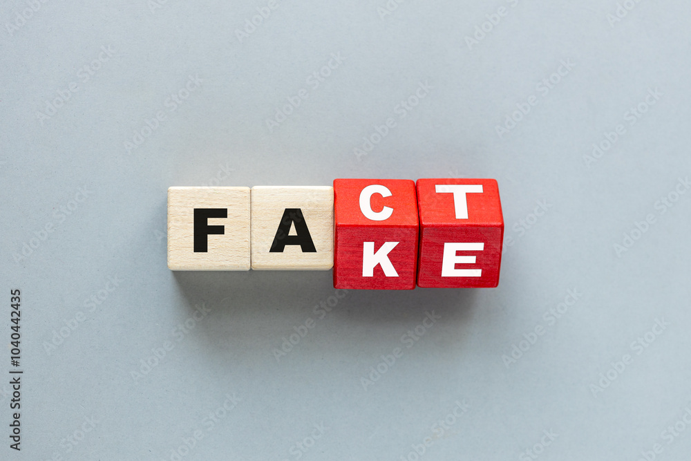 Fact and Fake. The rotating dice change the word fact to fake. Flat lay, copy space. Grey background