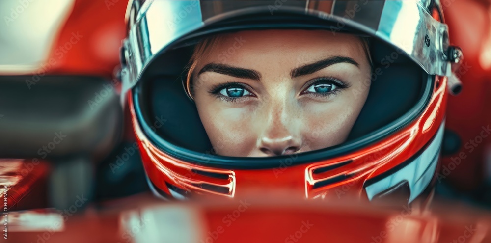 Close-Up Portrait of Female F-20 Race Car Driver in Helmet with Focused Expression Close-Up Portrait of Female F-20 Race Car Driver in Helmet with Focused Expression