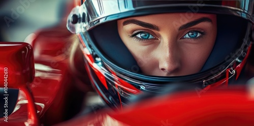 Close-Up Portrait of Female F-20 Race Car Driver in Helmet with Focused Expression photo