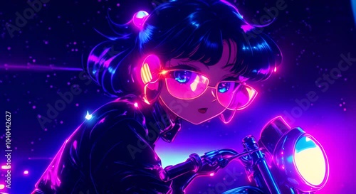 Cyberpunk girl riding futuristic motorcycle in space photo