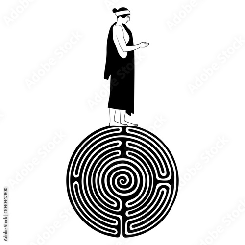 Ariadne. Ancient Greek woman standing on a round spiral maze or labyrinth symbol. Mythological concept. Black and white silhouette.