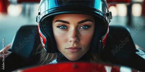 Close-Up Portrait of Female F-20 Race Car Driver in Helmet with Focused Expression photo