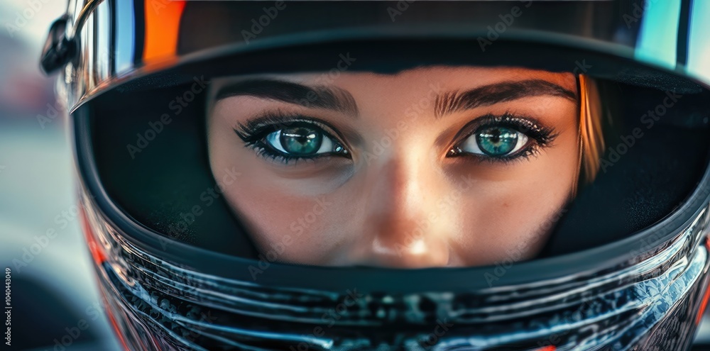 Close-Up Portrait of Female F-20 Race Car Driver in Helmet with Focused Expression