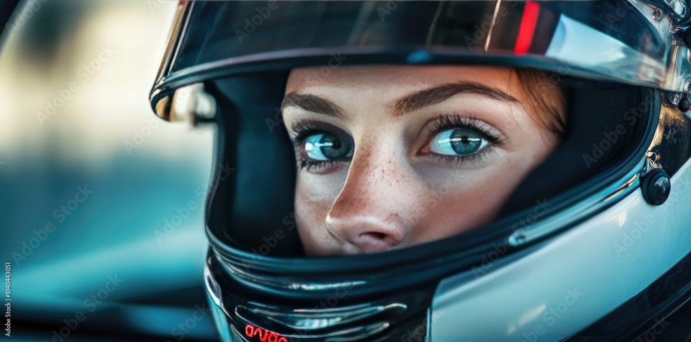 Close-Up Portrait of Female F-20 Race Car Driver in Helmet with Focused Expression Close-Up Portrait of Female F-20 Race Car Driver in Helmet with Focused Expression