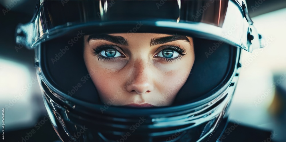 Close-Up Portrait of Female F-20 Race Car Driver in Helmet with Focused Expression Close-Up Portrait of Female F-20 Race Car Driver in Helmet with Focused Expression