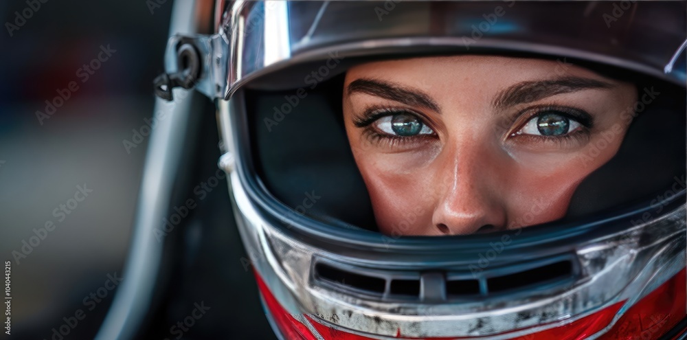 Close-Up Portrait of Female F-20 Race Car Driver in Helmet with Focused Expression Close-Up Portrait of Female F-20 Race Car Driver in Helmet with Focused Expression