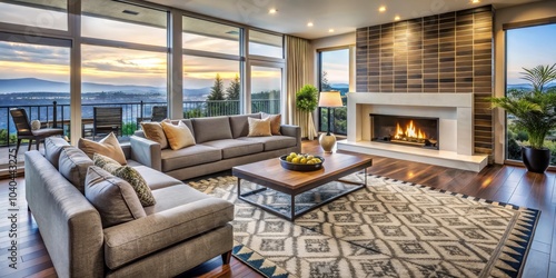 Modern Living Room with Mountain View, Fireplace, and Cozy Sofa, Interior Design, Home Decor, Mountain View, Fireplace