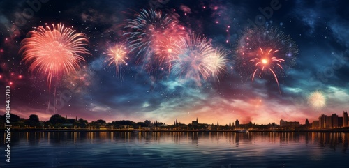 Vibrant Silvester fireworks bursting above a tranquil sea and small city