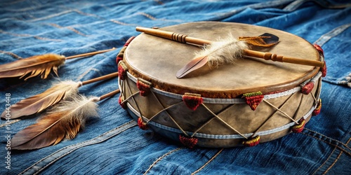 Native American Drum and Feathers on Denim, Native American, Music, Indigenous