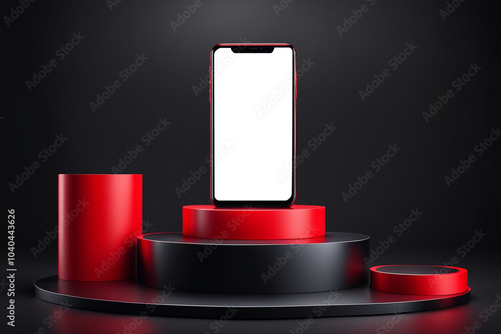 Black Friday banner background with mobile phone mockup and red stuff on a dark podium platforms in 3D rendering. Elegant podium for promotional marketing discount and online shopping concept Black Friday banner background with mobile phone mockup and red stuff on a dark podium platforms in 3D rendering. Elegant podium for promotional marketing discount and online shopping concept