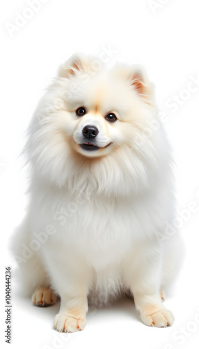 Samoyed sits elegantly, showing its thick, snowy white fur and friendly winks against white studio background. Concept of animal life, pet lovers, veterinary, canine food. Ad isolated with white hig