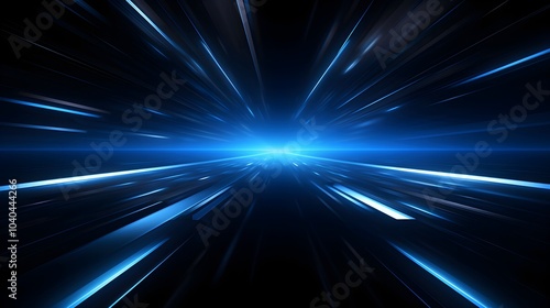 Fototapeta Naklejka Na Ścianę i Meble -  A stunning depiction of light rays rushing toward a central blue light, creating a dynamic sense of speed and motion in a dark space background 