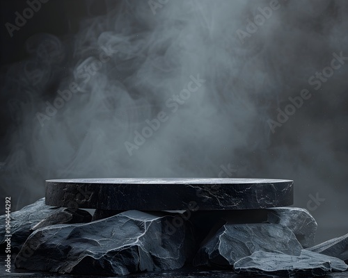 Mysterious rocky platform surrounded by mist in a dimly lit environment during a creative photography session