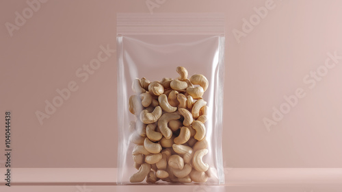 Transparent plastic ziplock bag filled with cashew nuts on a beige background. Studio product photography with copy space. Packaging and food storage concept for design and print. photo