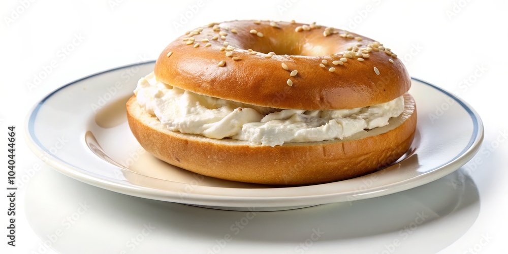 Sesame Bagel with Cream Cheese on a White Plate, bakery, breakfast, food Sesame Bagel with Cream Cheese on a White Plate, bakery, breakfast, food