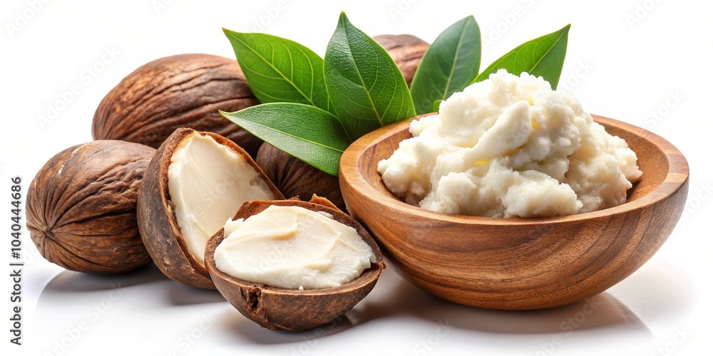 Shea Butter in Wooden Bowl with Nuts and Leaves, Shea Butter, Natural Product, Skincare Shea Butter in Wooden Bowl with Nuts and Leaves, Shea Butter, Natural Product, Skincare