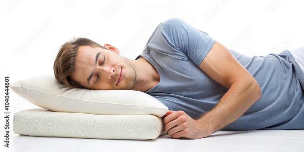 Sleeping Man on White Background, White Pillow, Grey Shirt, sleep, relaxation, comfort Sleeping Man on White Background, White Pillow, Grey Shirt, sleep, relaxation, comfort
