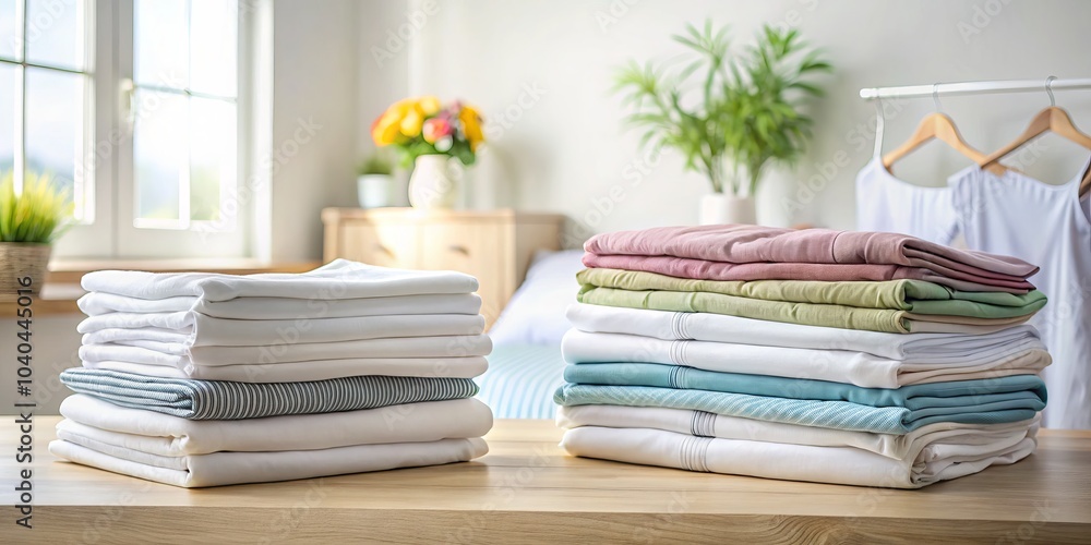 Stack of Freshly Laundered Bedding in a Bright Room, white sheets, bedding, linen , laundry Stack of Freshly Laundered Bedding in a Bright Room, white sheets, bedding, linen , laundry