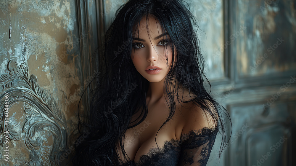 Fototapeta premium Beautiful girl with long black hair poses in a studio photo shoot.