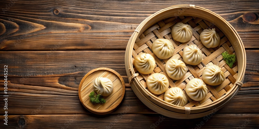 Steamed Pork Buns in a Bamboo Steamer on Wooden Table, Chinese Food , Dim Sum, Dumplings Steamed Pork Buns in a Bamboo Steamer on Wooden Table, Chinese Food , Dim Sum, Dumplings