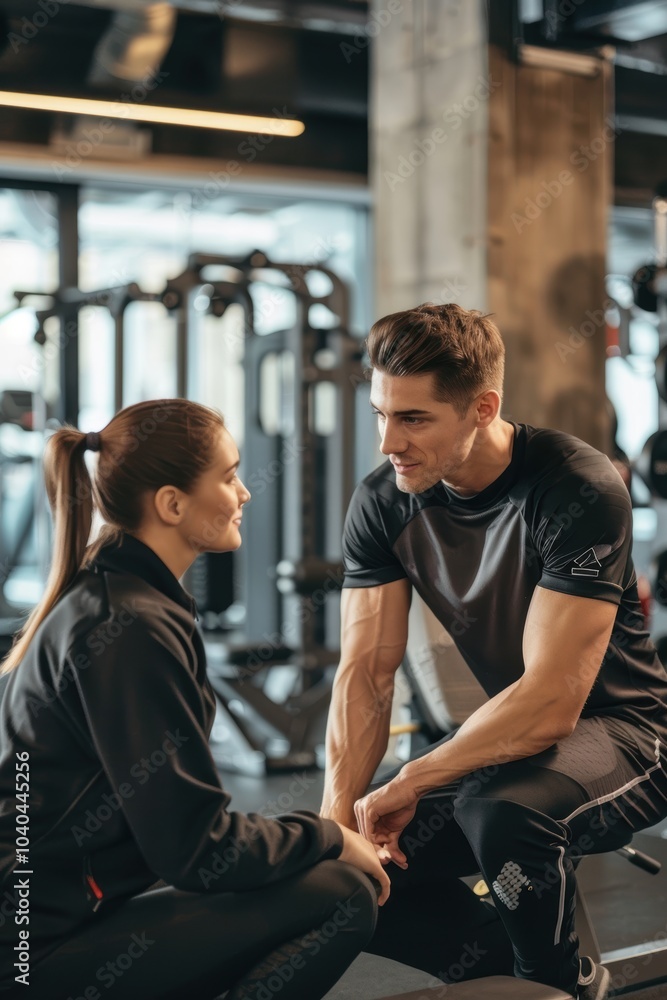 Personal Trainer Motivating Client in Modern Gym Environment for Fitness Inspiration Personal Trainer Motivating Client in Modern Gym Environment for Fitness Inspiration