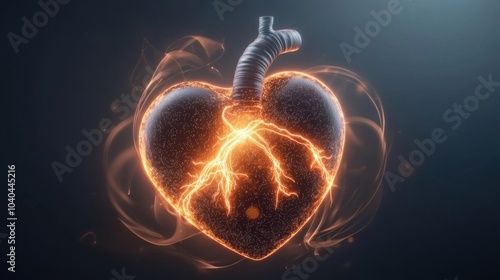 Fiery heart with electriclike veins, glowing against a dark background photo