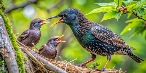 Starling Feeding Its Chicks in a Nest, close up, parent bird, chicks, green background, nature, bird